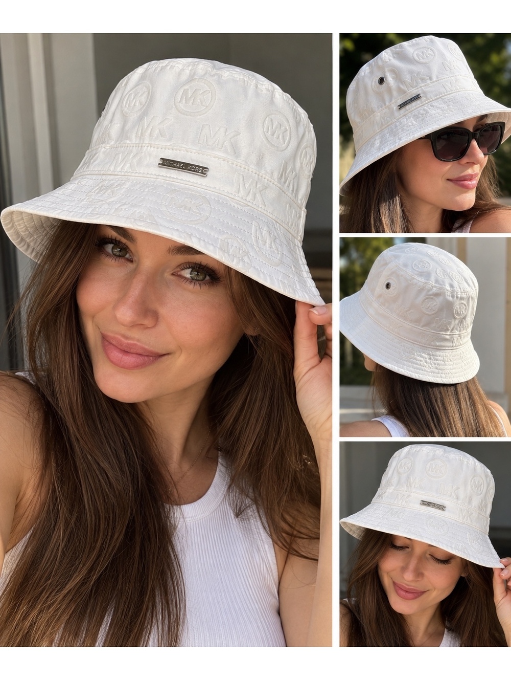 NWT Michael Kors White Monogram Bucket Hat OS/TU White Logo Jacquard